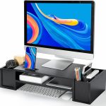 AMERIERGO Monitor Stand Desk Organization with DIY Storage Space, Monitor Riser Stand with Storage with 2 Slots & Phone Holder, Computer Stand 2 Tier for Home Office Use
